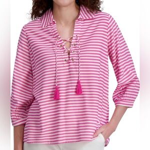 Stella Parker Pink and White Striped Lace-Up Blouse